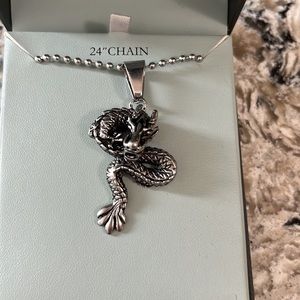 NWT 1913 Men’s Stainless steel Dragon necklace with ball chain, 24” length.